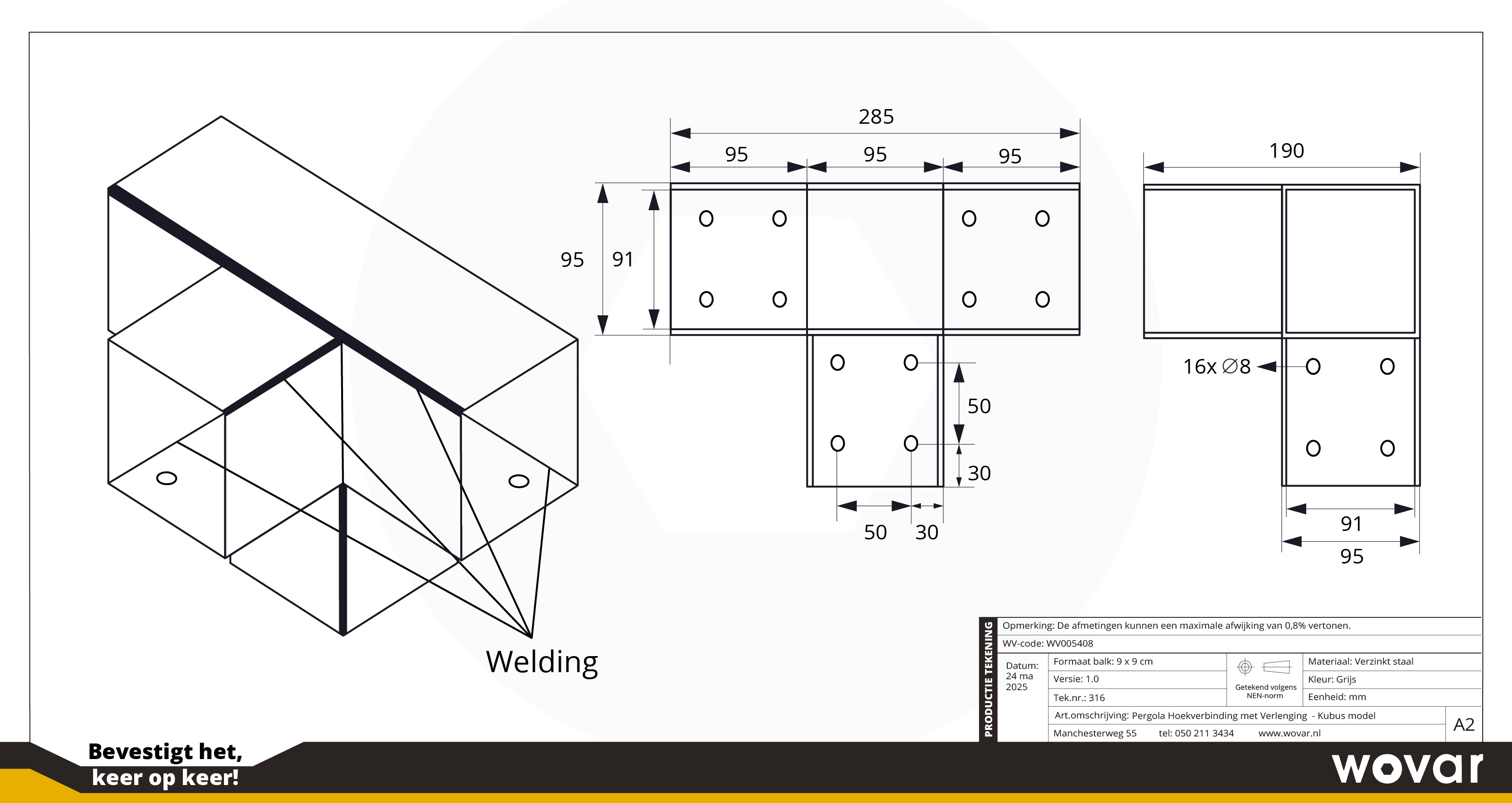 Pergola Hoekverbinding met Verlenging voor 9 x 9 cm palen Kubus model - Per stuk, foto 4 van 4