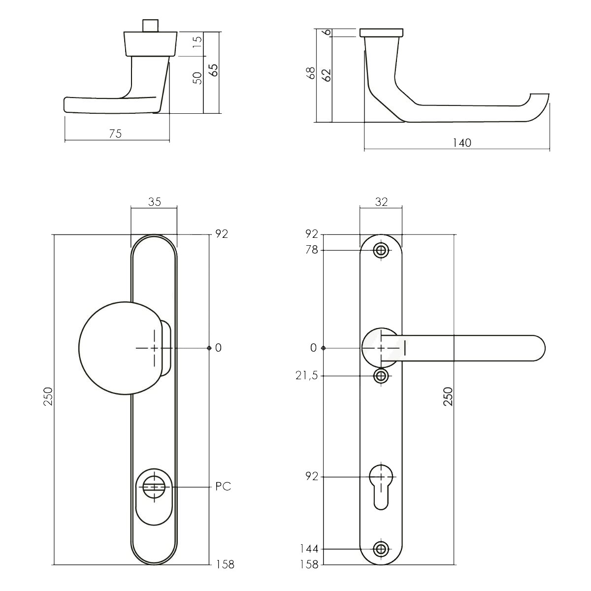 Veiligheidsbeslag smalschild greep/kruk PC92 - Per Set, foto 2 van 2