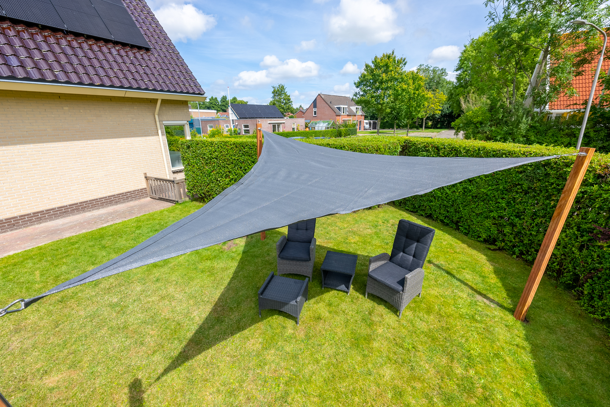 Schaduwdoek Driehoek 5 x 5 x 5 m Grijs - 320gr/m2, foto 5 van 6