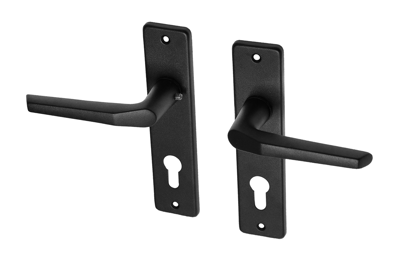Zwarte deurklinken met schild aluminium duimmodel PC72 - Per Set