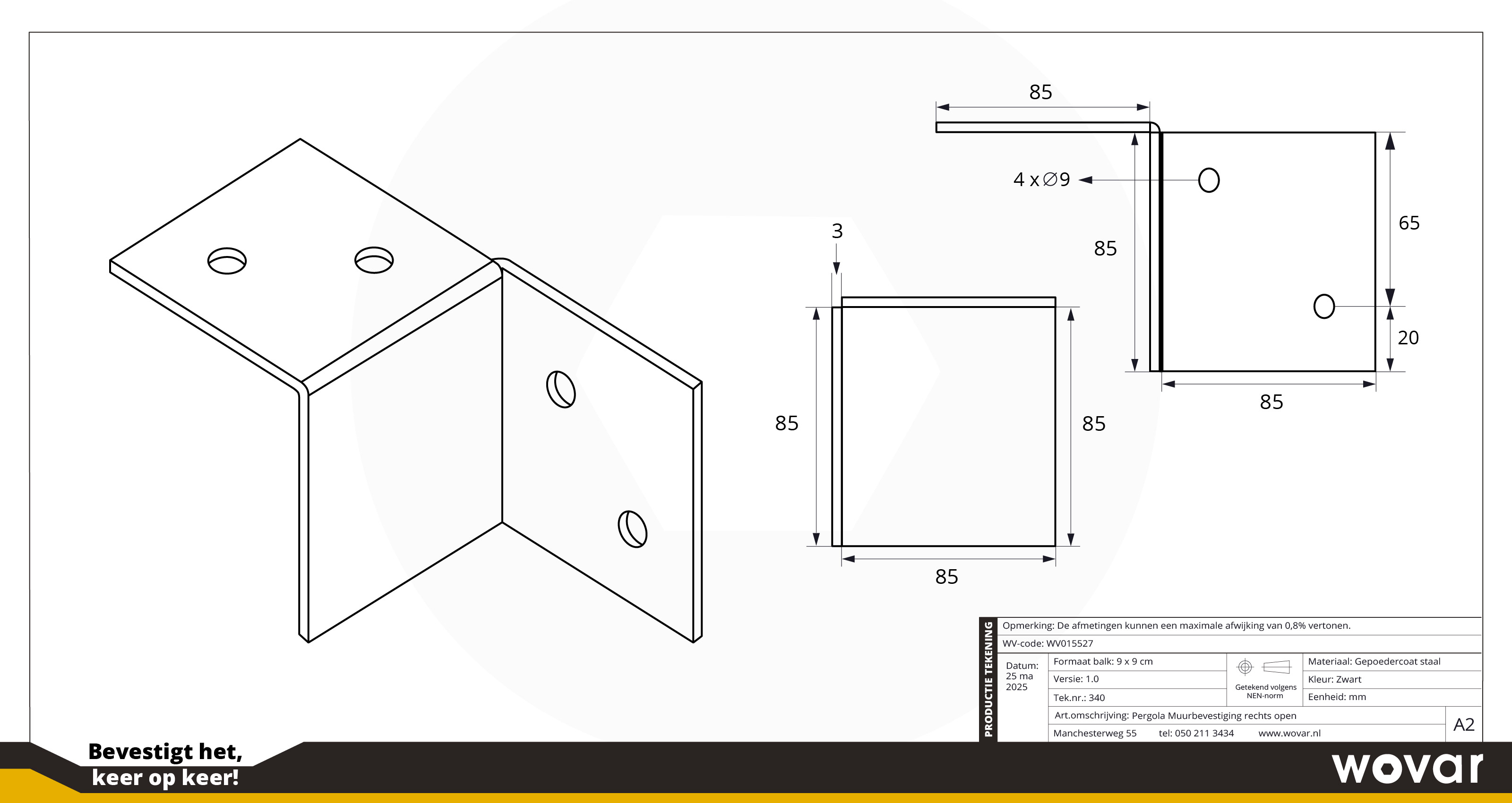 Pergola Muurbevestiging Zwart voor 9 x 9 cm balken Rechts - Per Stuk, foto 4 van 4