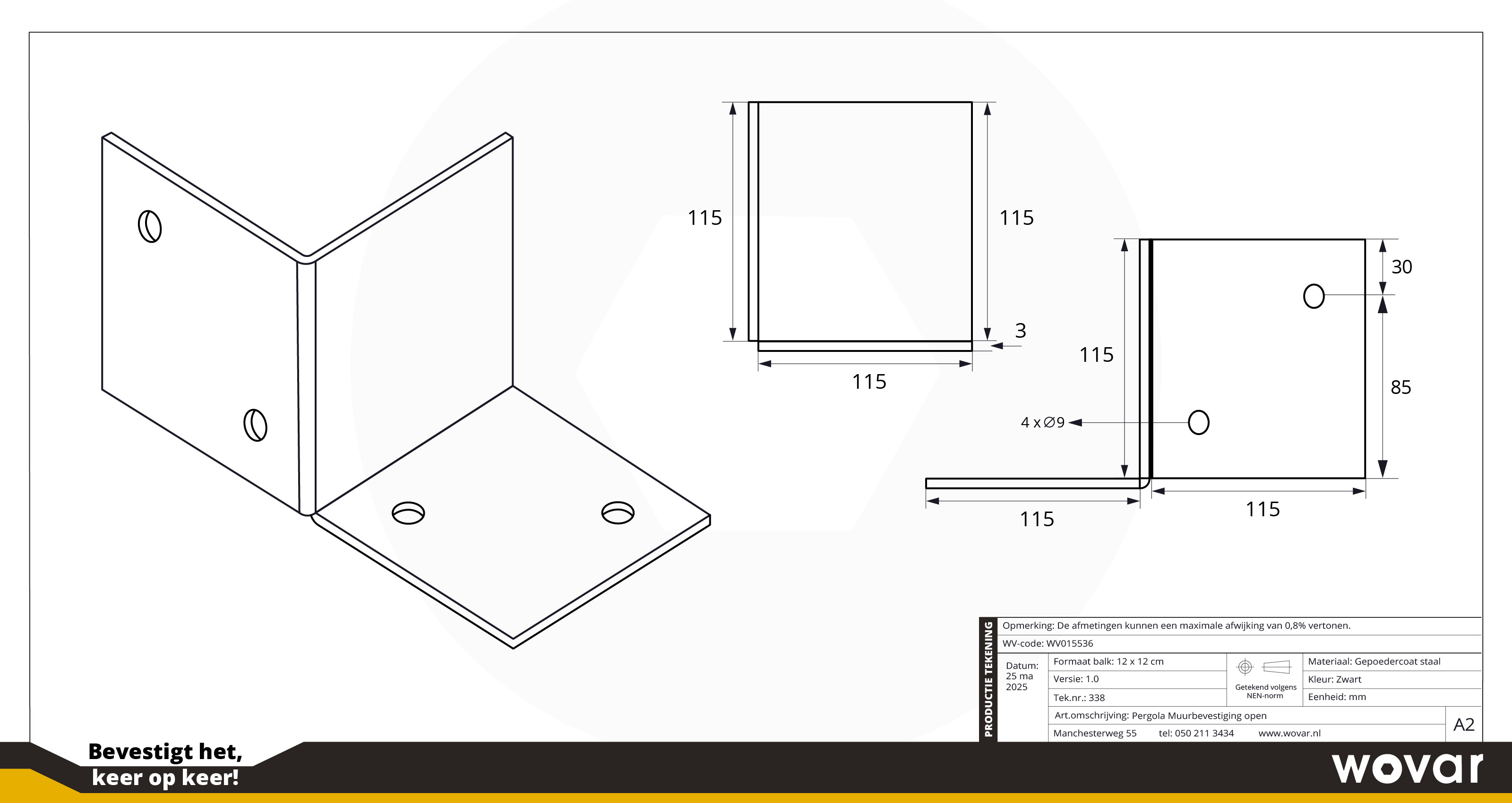 Pergola Muurbevestiging Zwart Gecoat voor 12 x 12 cm balken Links - Per Stuk, foto 4 van 4