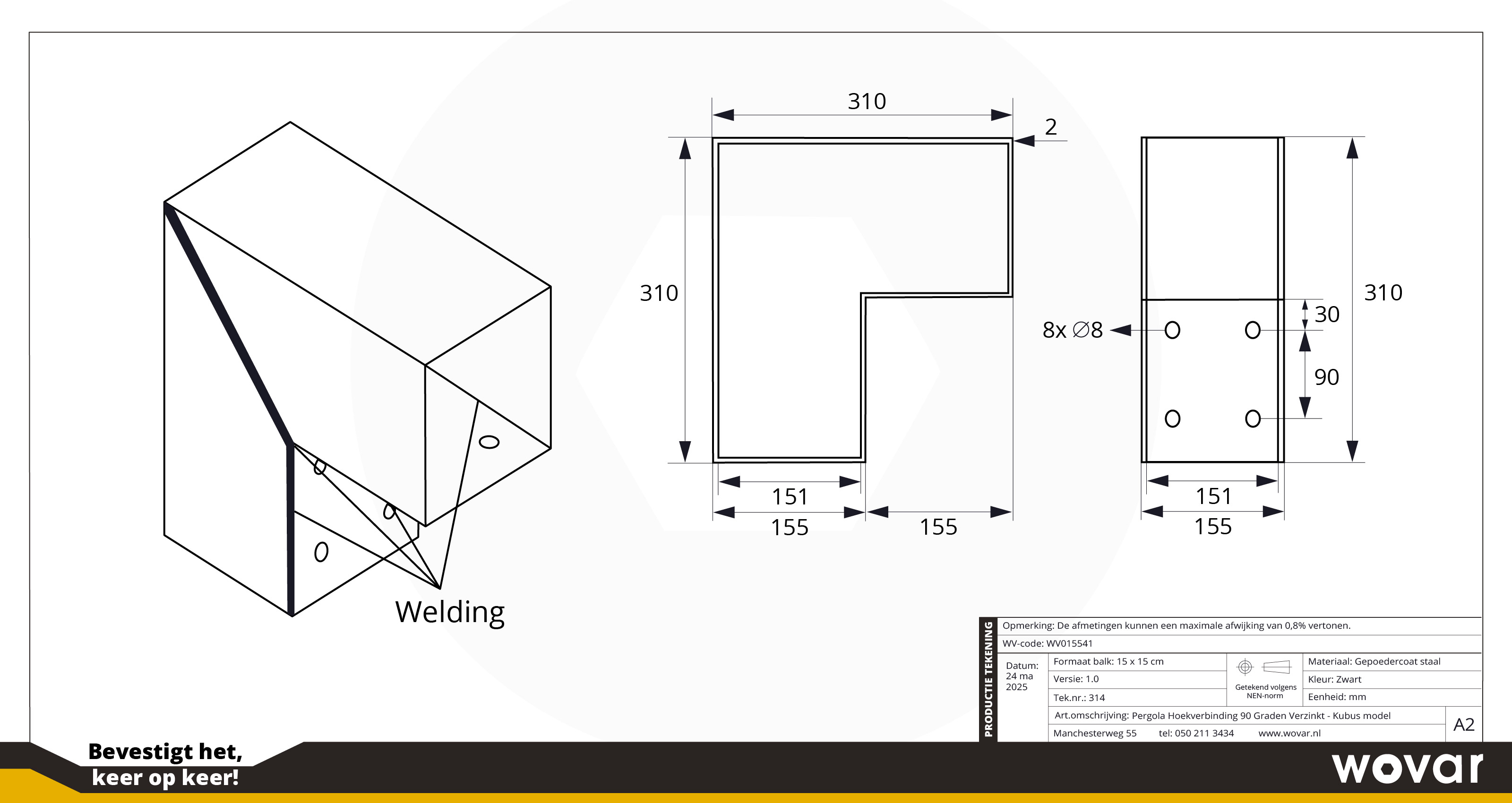 Pergola Hoekverbinding voor 15 x 15 cm balken Tweeweg Kubus model - Per Stuk, foto 5 van 5