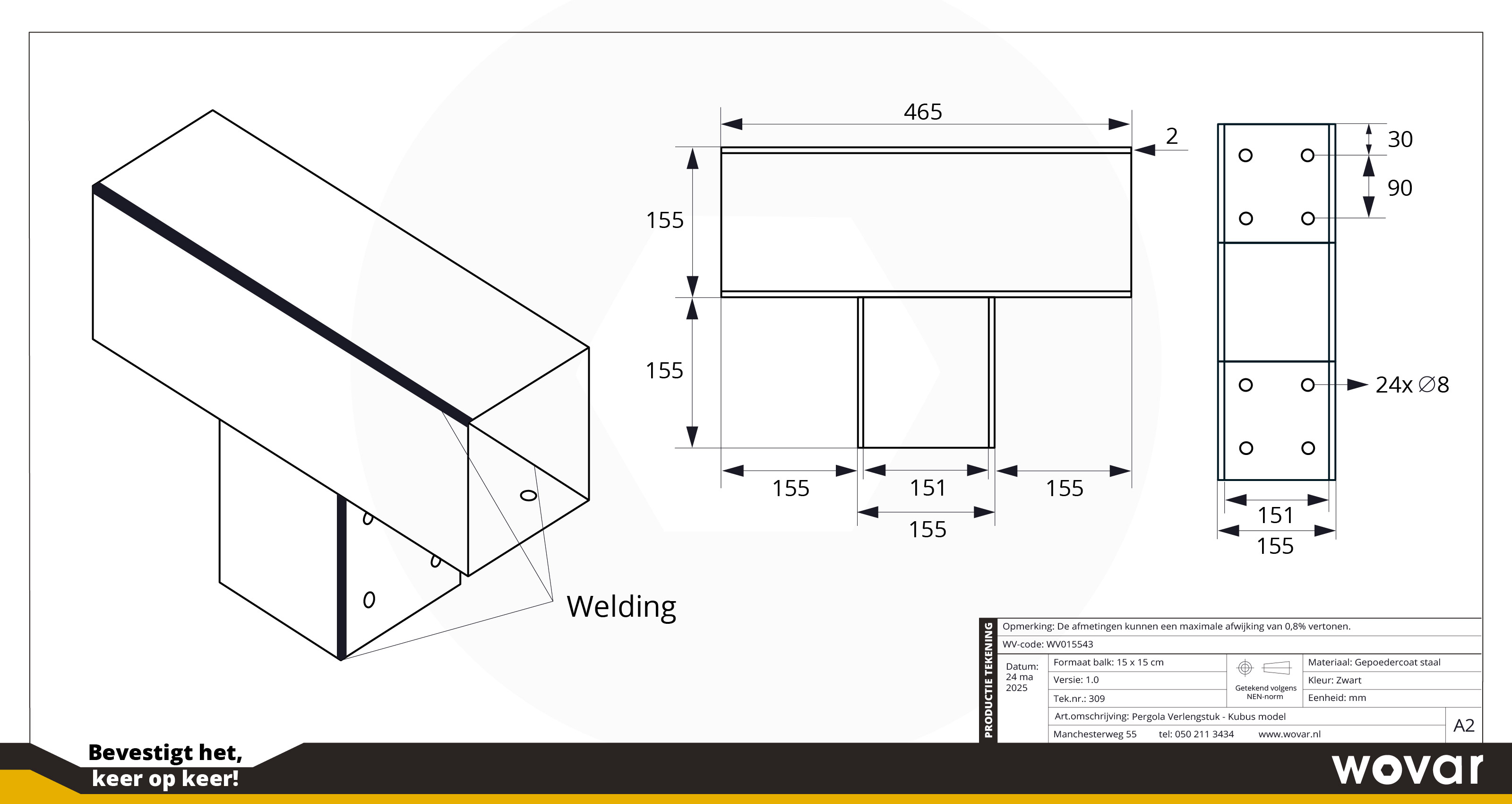 Pergola Verlengstuk Zwart voor 15 x 15 cm balken Kubus model - Per Stuk, foto 5 van 5