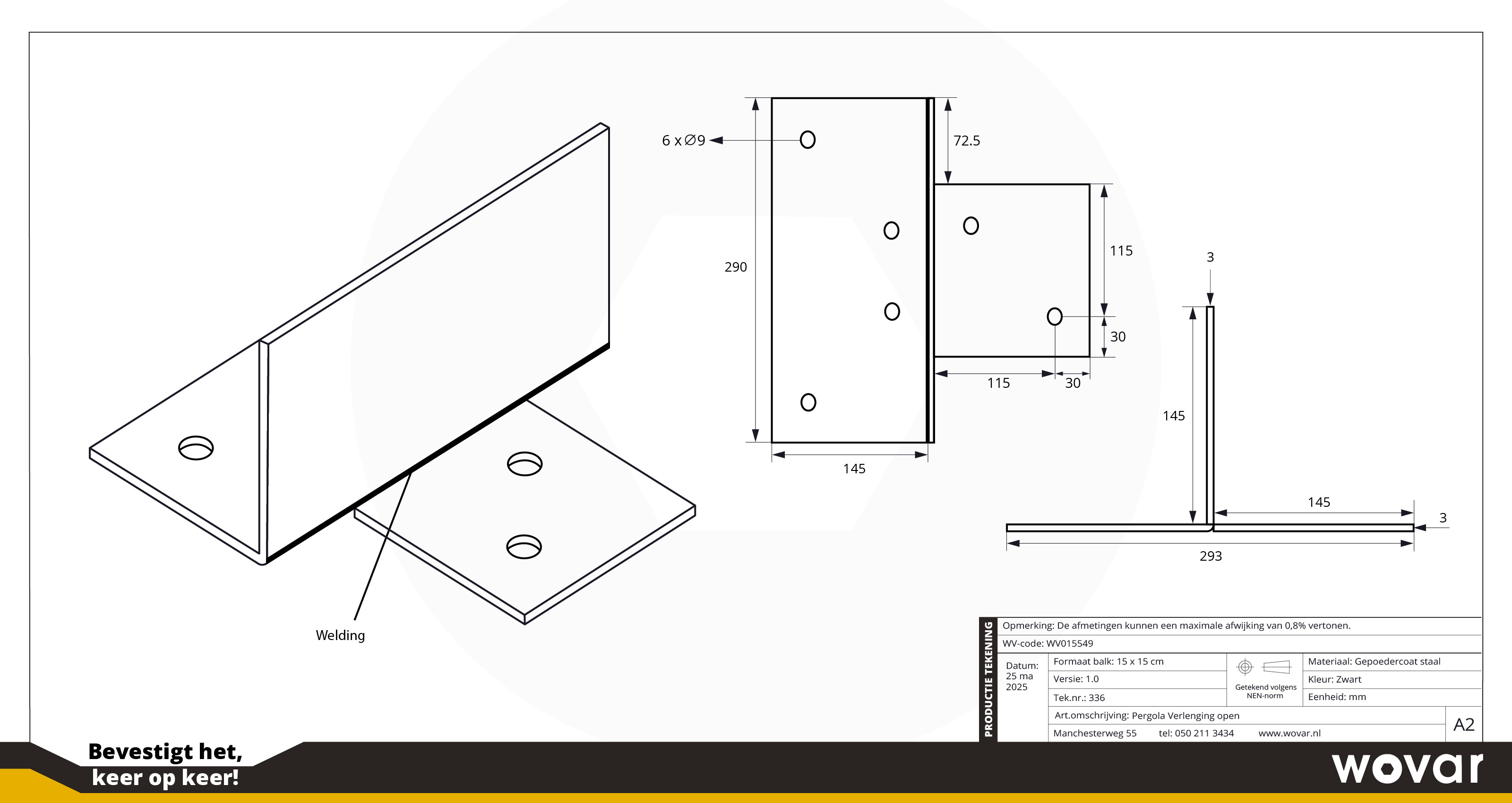 Pergola Verlenging Zwart Gecoat voor 15 x 15 cm palen - Per Stuk, foto 4 van 4