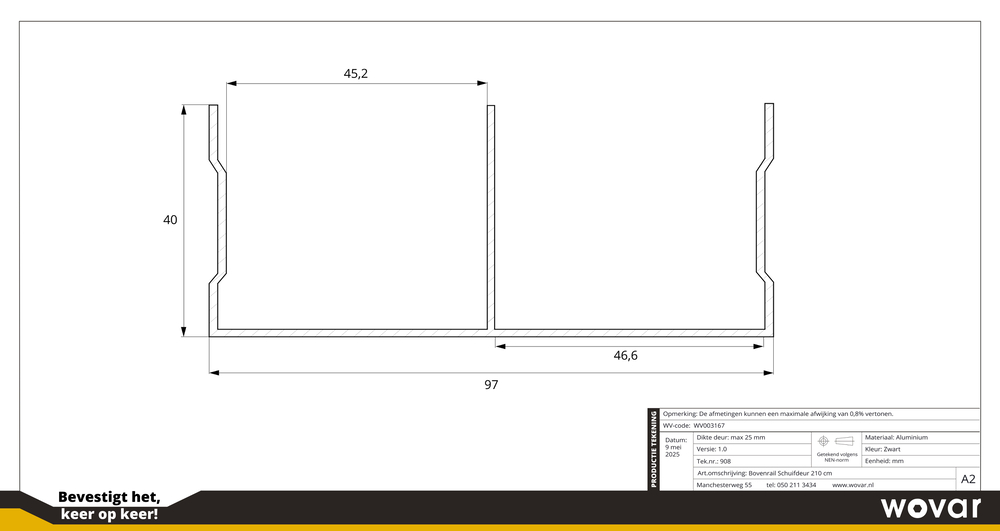 TechnischetekeningBovenrailSchuifdeurZwart210cm