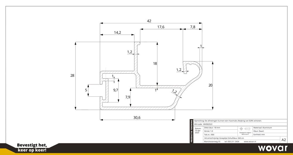 TechnischetekeningGreeplijst18mmSchuifdeurZwart260cm